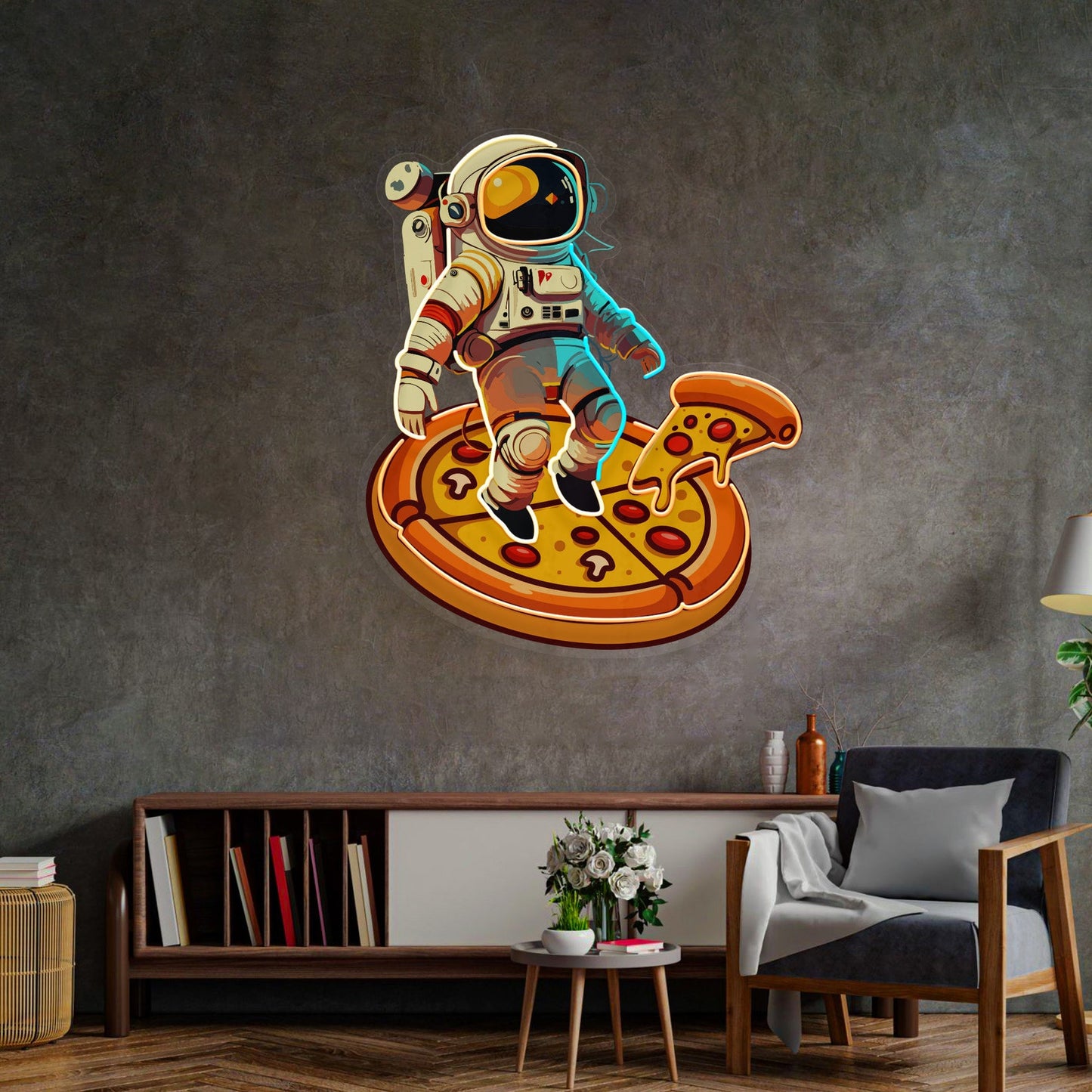 Astronaut On Pizza Neon Sign - Astronaut Wall Art | Custom Business Logo LED Light | Coffee Shop Decor | FunkyDecors