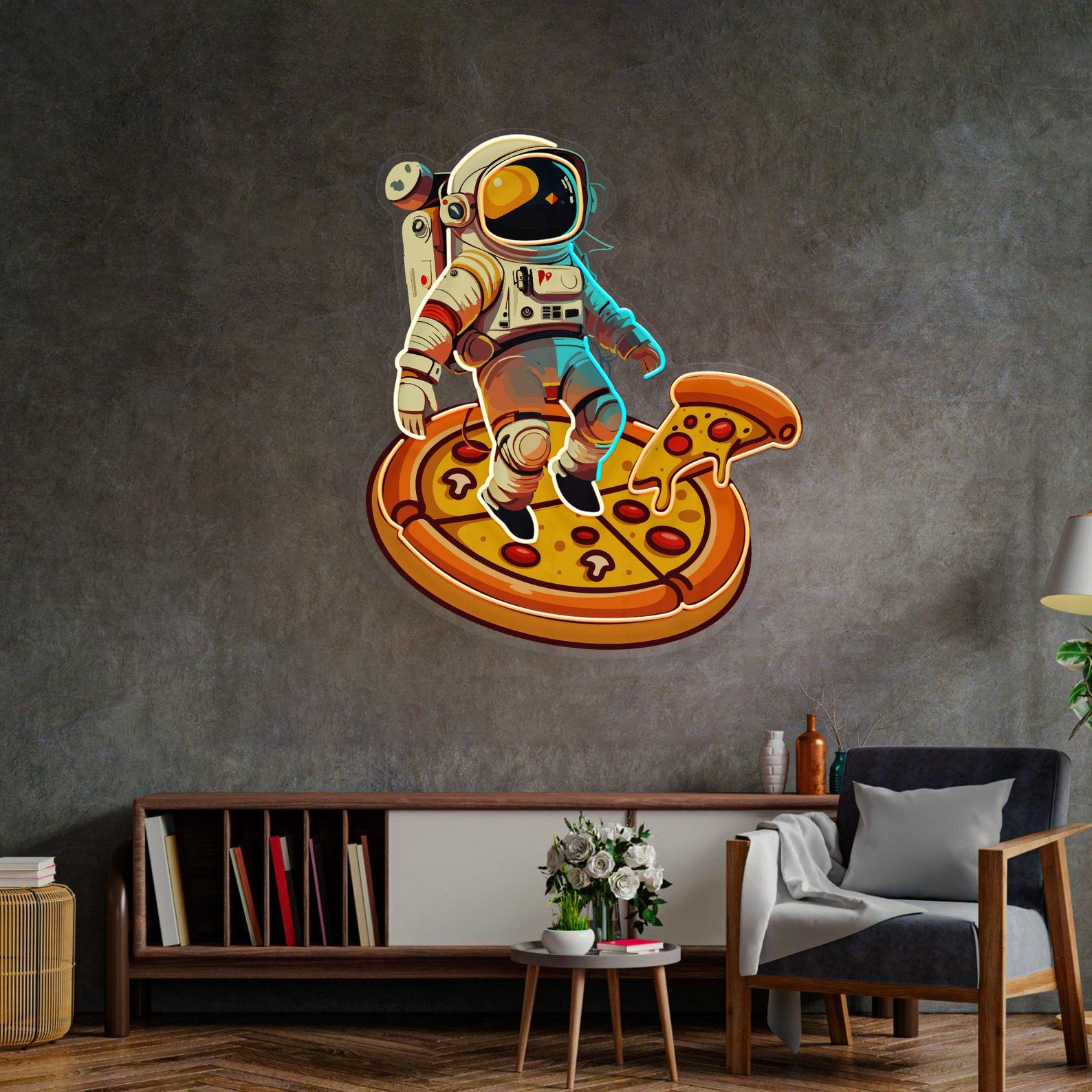 Astronaut On Pizza Neon Sign - Astronaut Wall Art | Custom Business Logo LED Light | Coffee Shop Decor | FunkyDecors