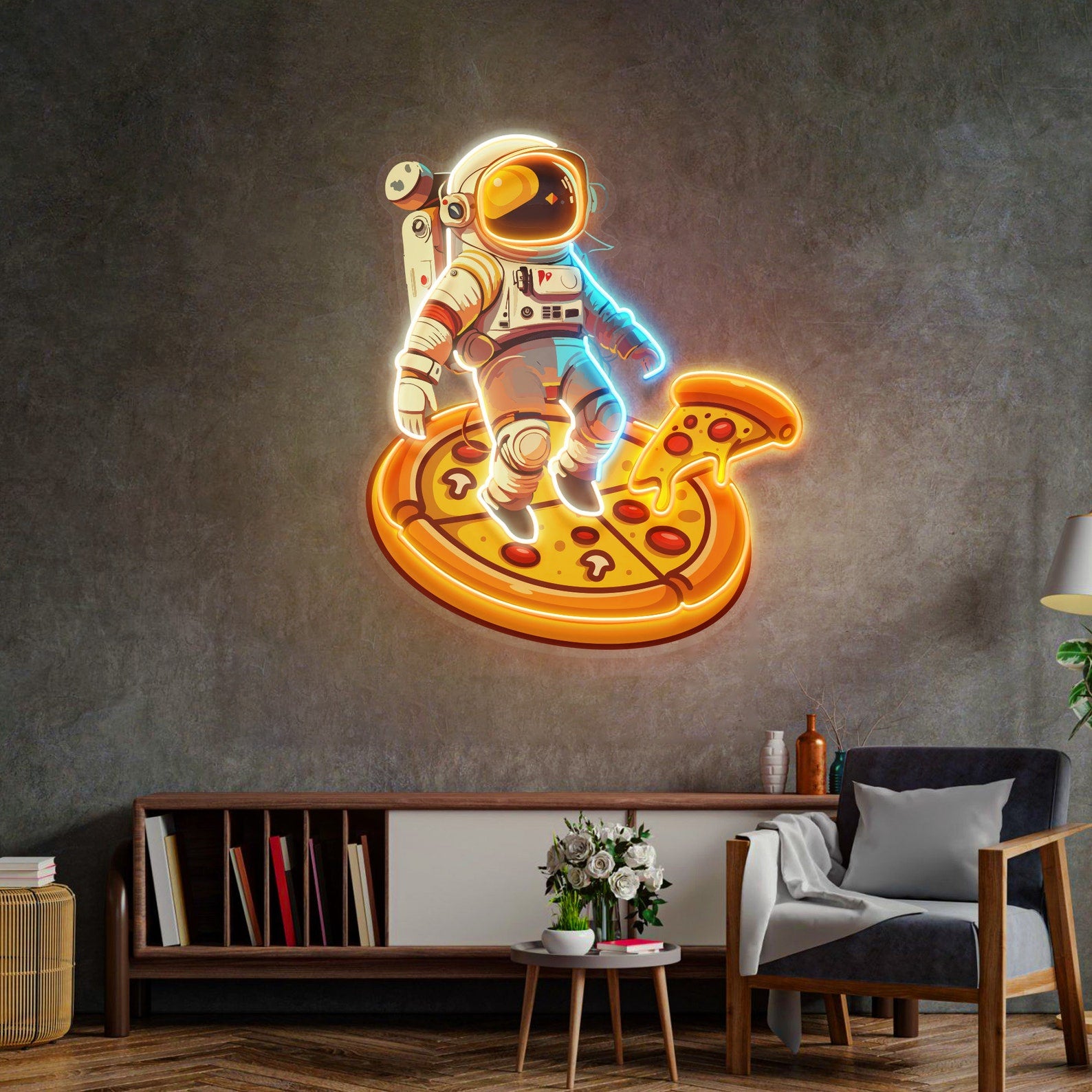 Astronaut On Pizza Neon Sign - Astronaut Wall Art | Custom Business Logo LED Light | Coffee Shop Decor | FunkyDecors