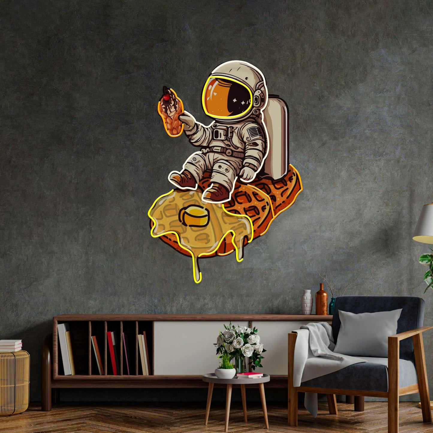 Astronaut On Waffle Neon Sign - Astronaut Wall Art | Custom Business Logo LED Light | Coffee Shop Decor | FunkyDecors