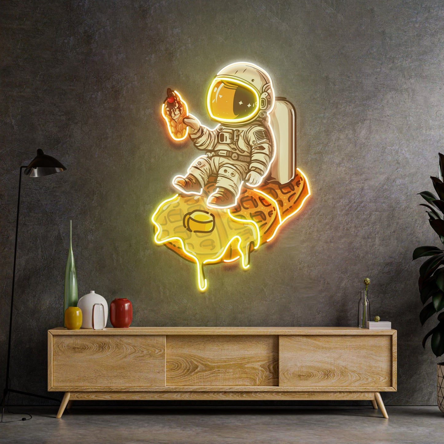 Astronaut On Waffle Neon Sign - Astronaut Wall Art | Custom Business Logo LED Light | Coffee Shop Decor | FunkyDecors