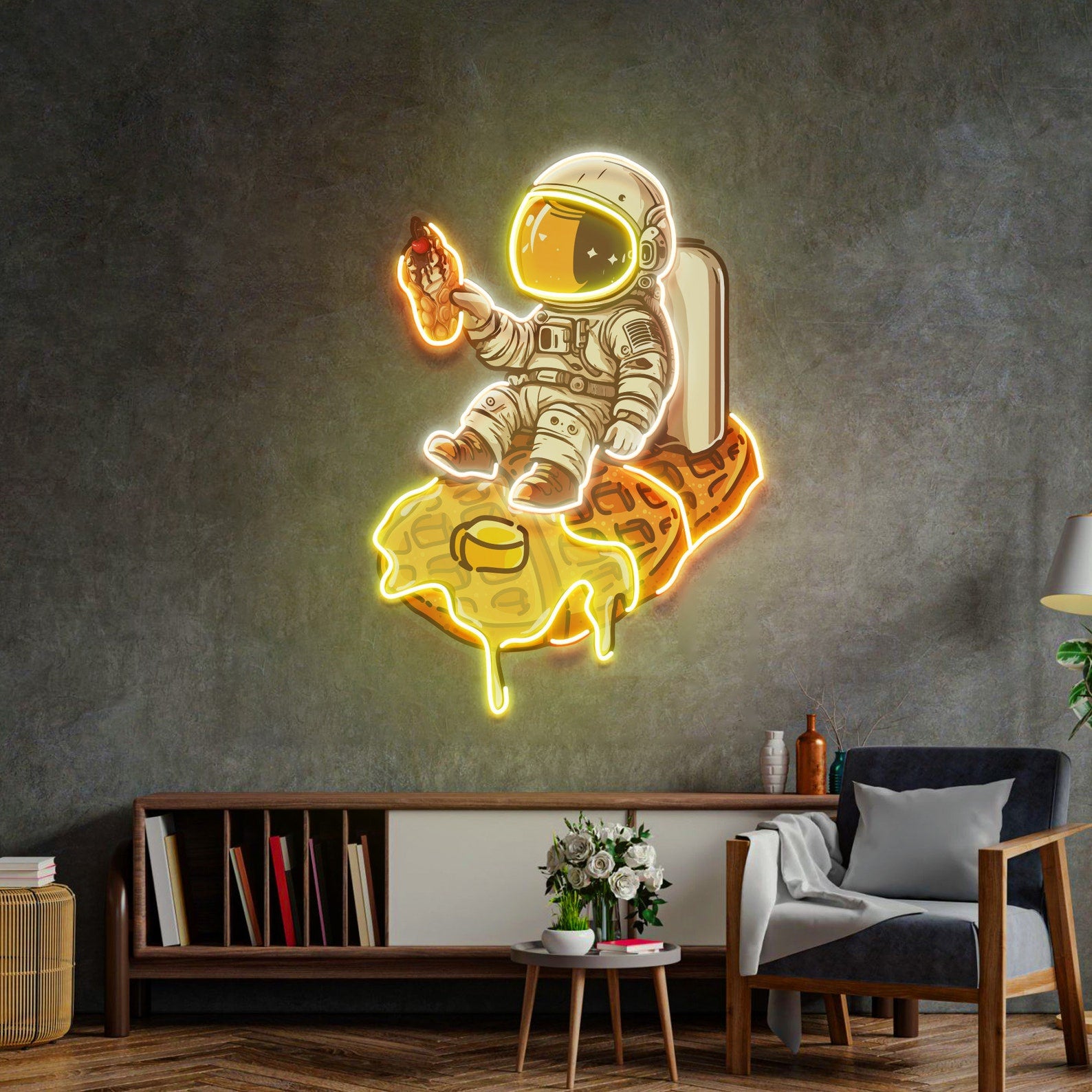 Astronaut On Waffle Neon Sign - Astronaut Wall Art | Custom Business Logo LED Light | Coffee Shop Decor | FunkyDecors