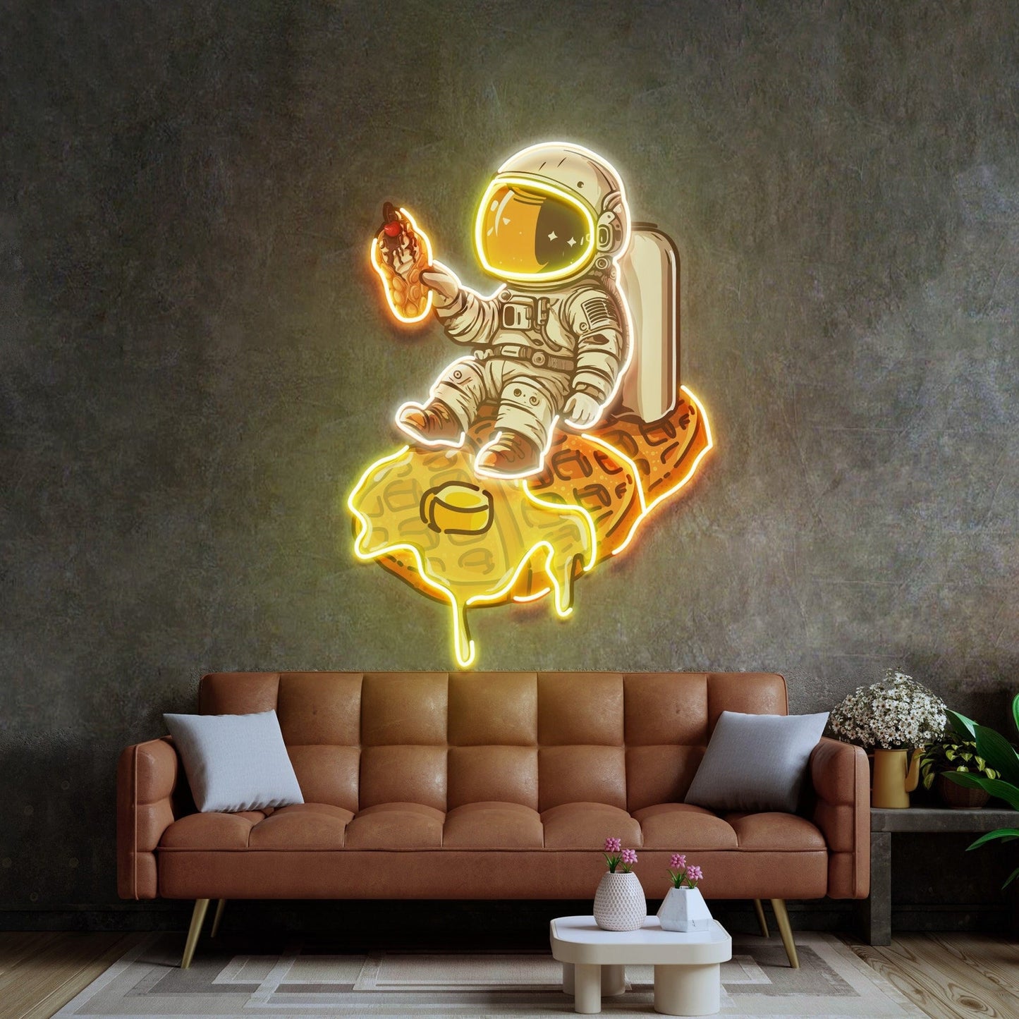 Astronaut On Waffle Neon Sign - Astronaut Wall Art | Custom Business Logo LED Light | Coffee Shop Decor | FunkyDecors