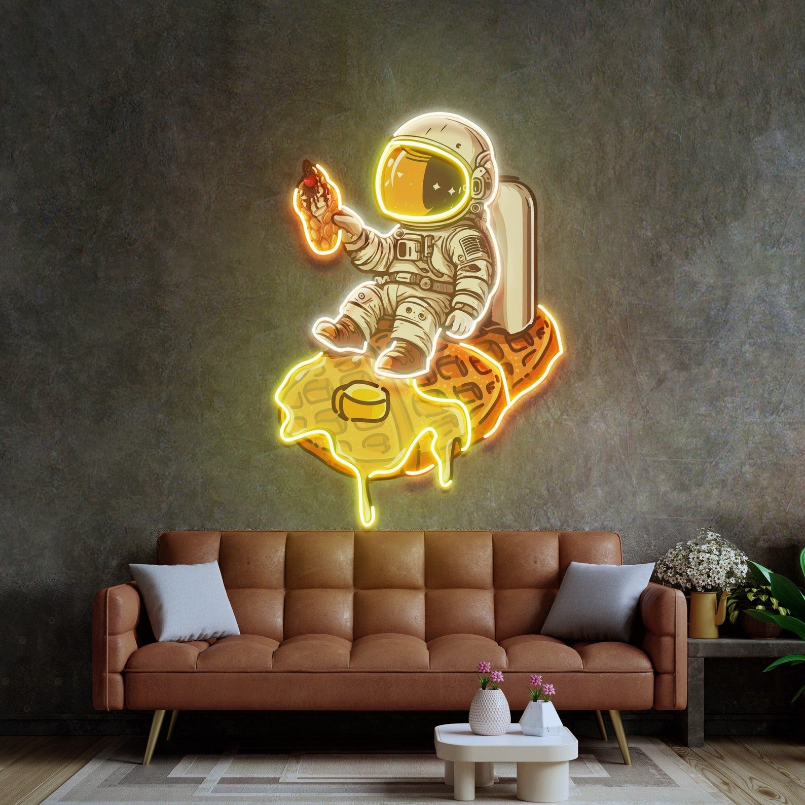 Astronaut On Waffle Neon Sign - Astronaut Wall Art | Custom Business Logo LED Light | Coffee Shop Decor | FunkyDecors