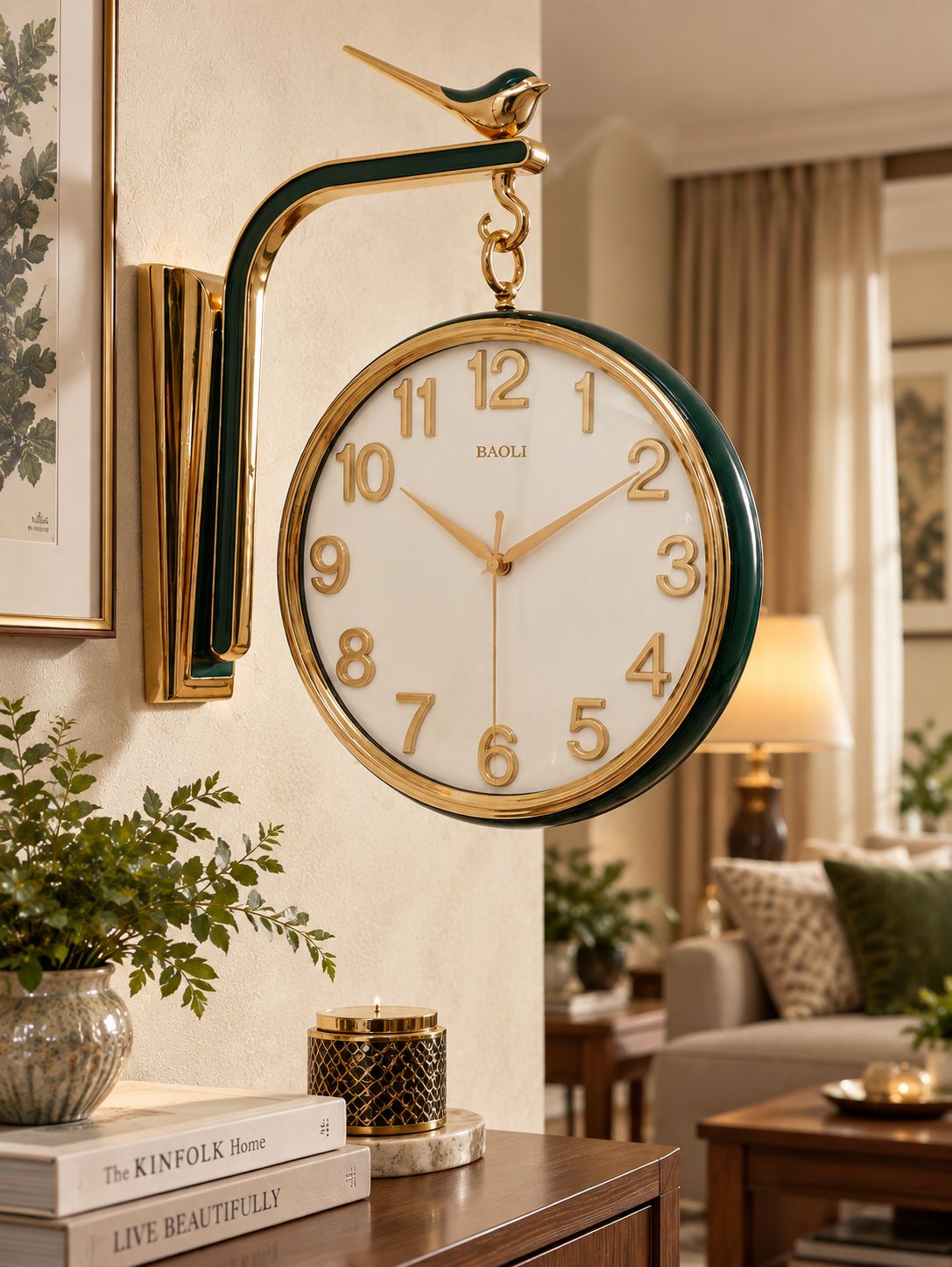 BAO LI wall-mounted clock with a white dial, gold numerals and frame, and a dark green outer rim, mounted on a beige wall in a styled living room.