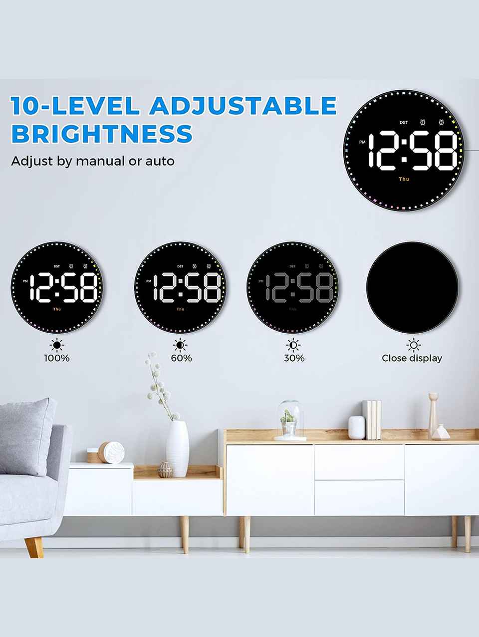 Modern LED Digital Wall Clock with Dual Alarms & Holiday Display | 10-Inch USB-Powered Clock