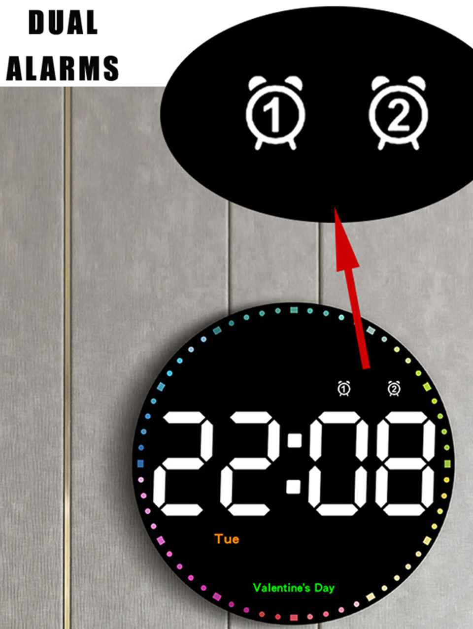 Modern LED Digital Wall Clock with Dual Alarms & Holiday Display | 10-Inch USB-Powered Clock