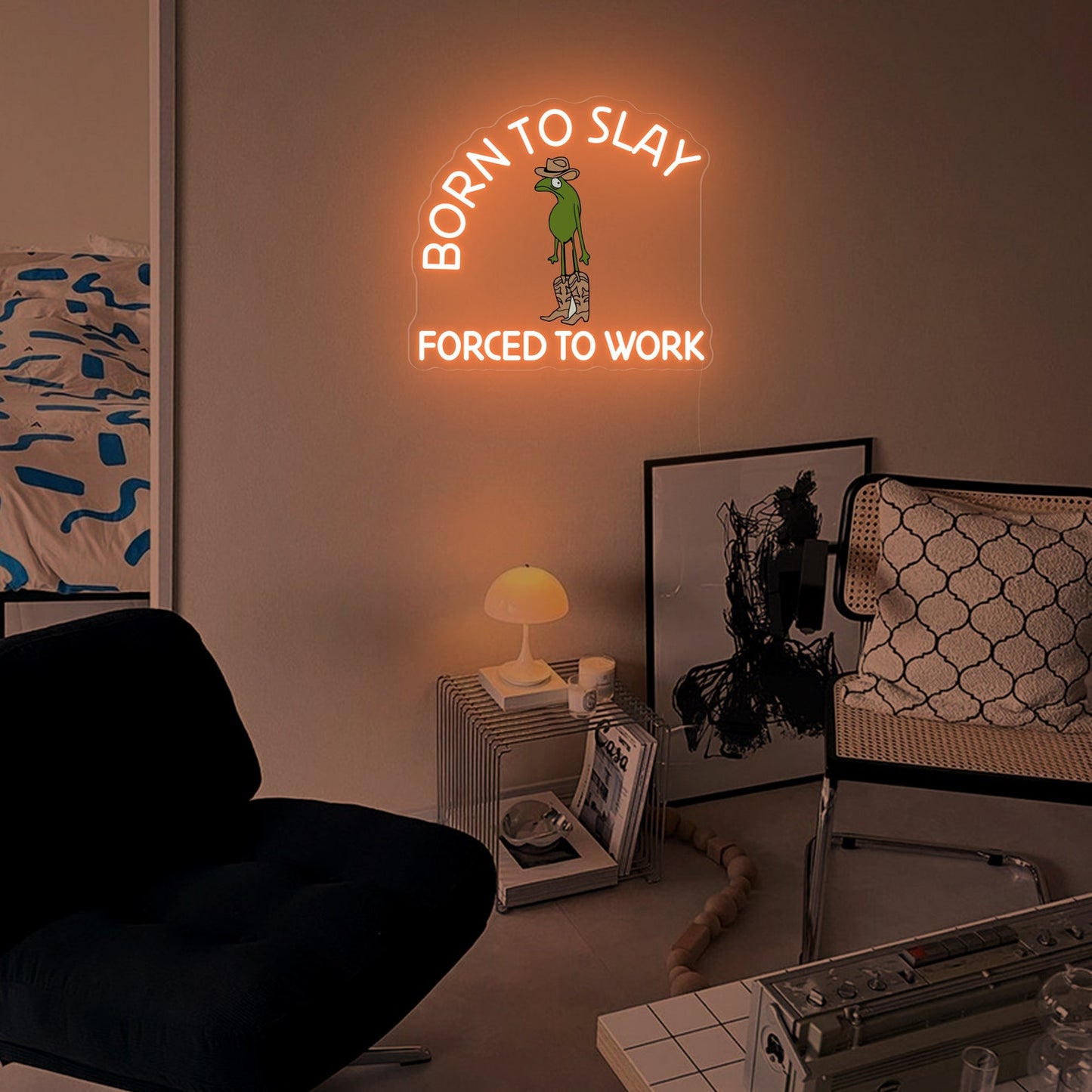 Born To slay Forced to work Neon Sign| Cowboy Frog Wall Art| Silly Gift| Housewarming Gift| Ironic Y2K | Funny Home Decor| Oddly Specific Joke| FunkyDecors