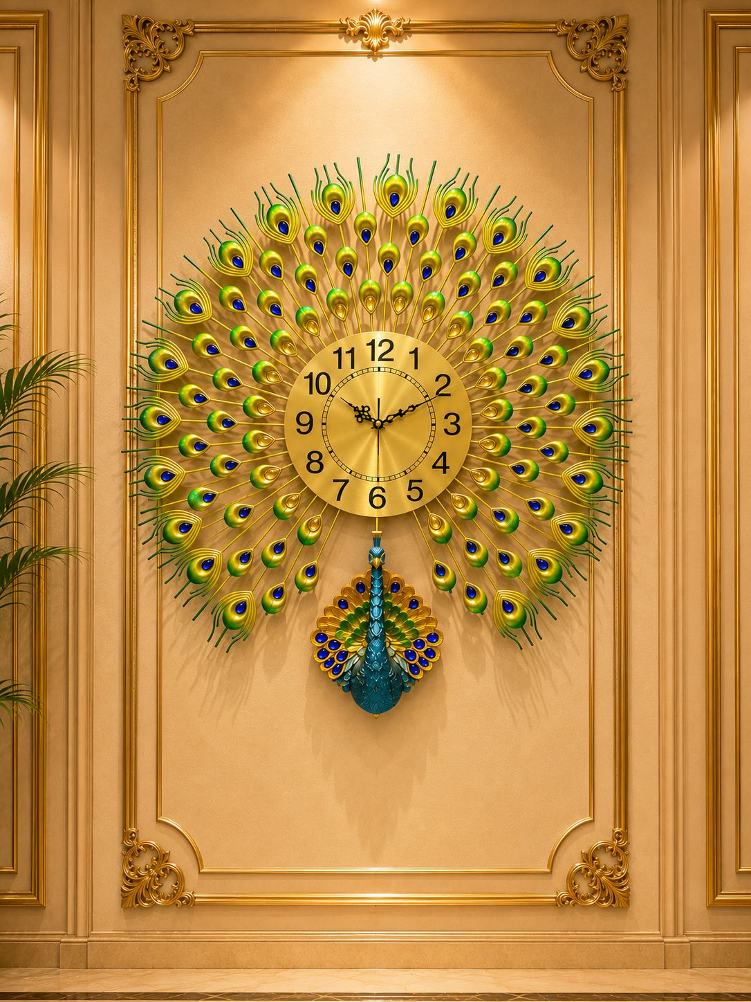 Majestic Peacock Metal Wall Clock with Ceramic Peacock Body & Crystal Accents – Luxury Decorative Wall Clock (66 x 66 cm)