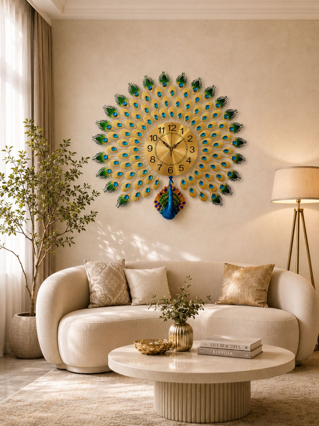 Royal Peacock Metal Wall Clock with Ceramic Peacock – Luxury Decorative Wall Clock for Living Room, Bedroom & Hall (72 x 60 cm)