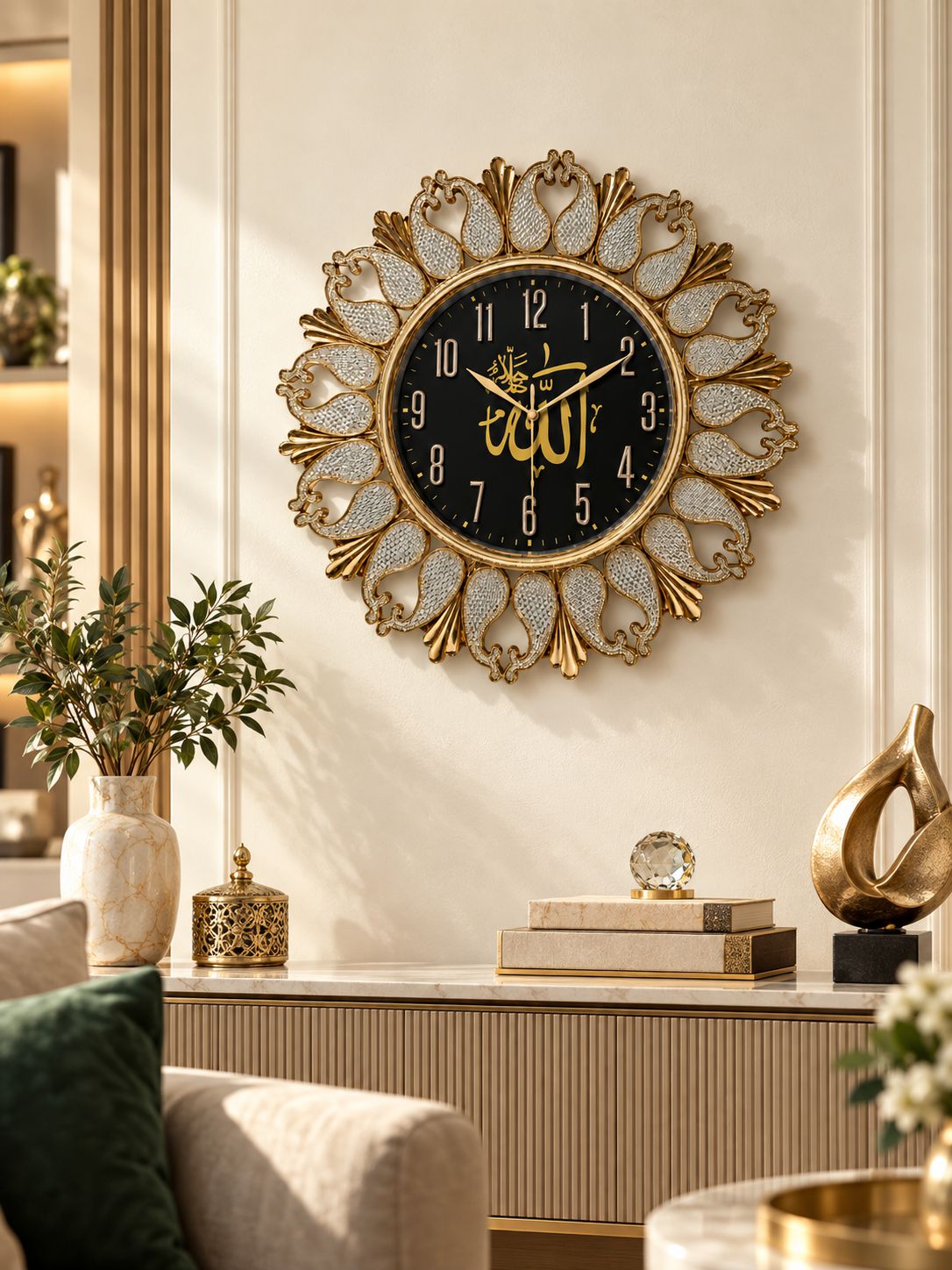 Luxury Islamic Wall Clock 16x16 Inch | Arabic Calligraphy | Silent Quartz | Black & White Dial
