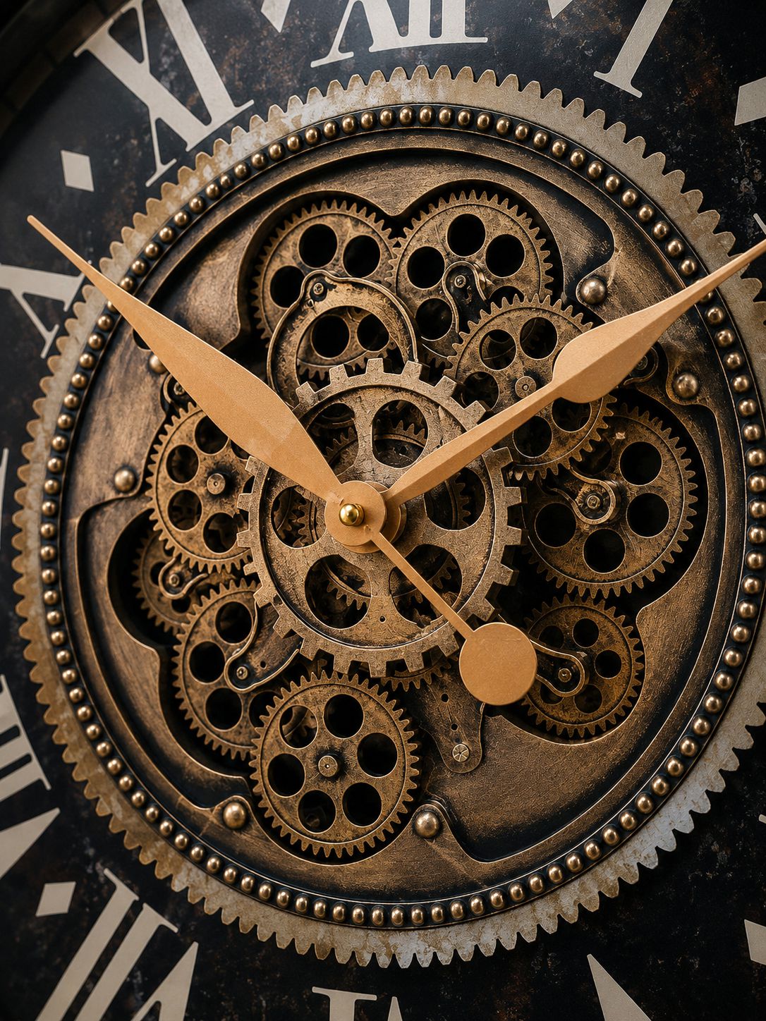 Close-up of a clock with intricate gear mechanism and Roman numerals