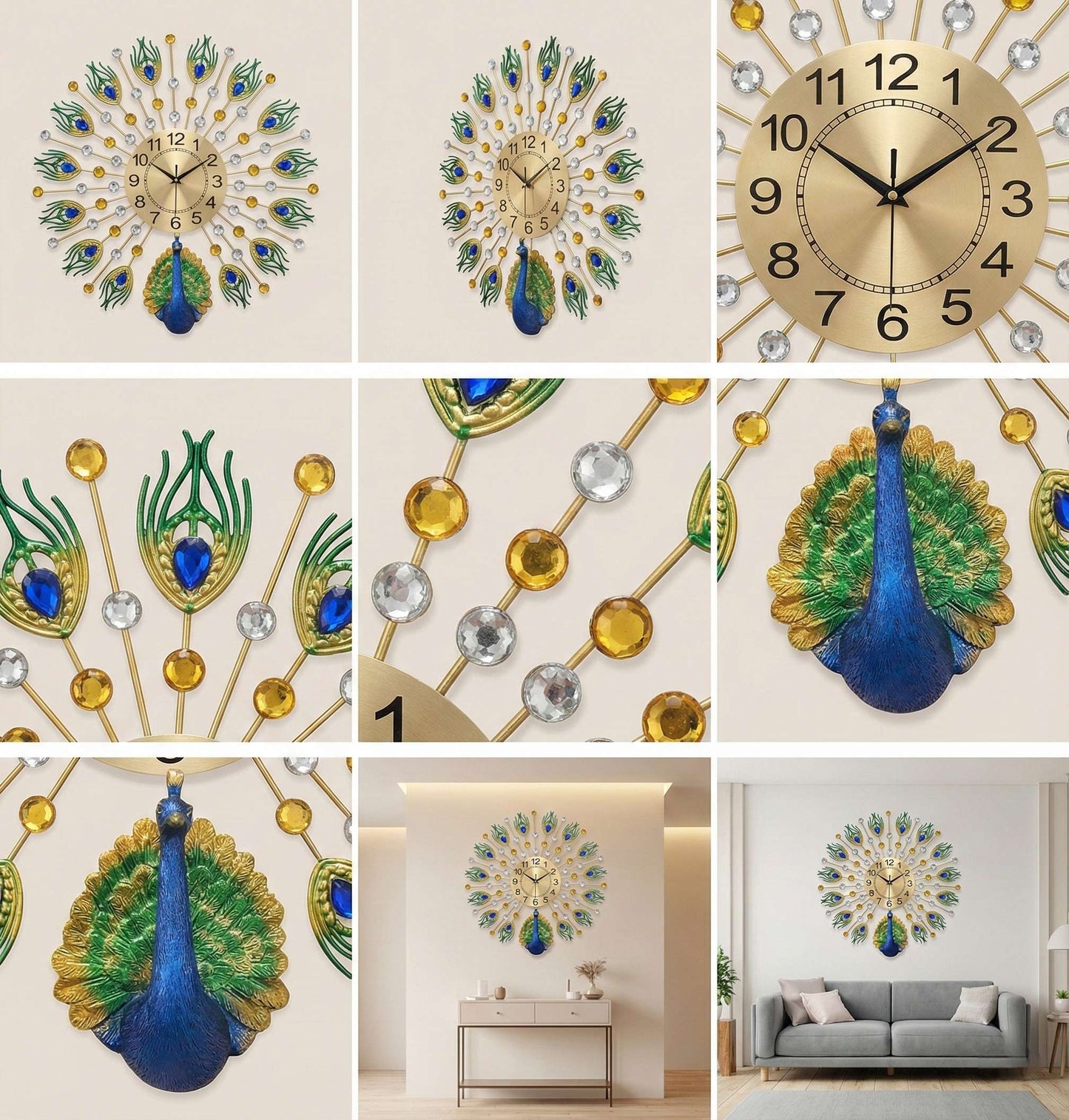 Collage of decorative wall clocks with peacock designs on a beige background.