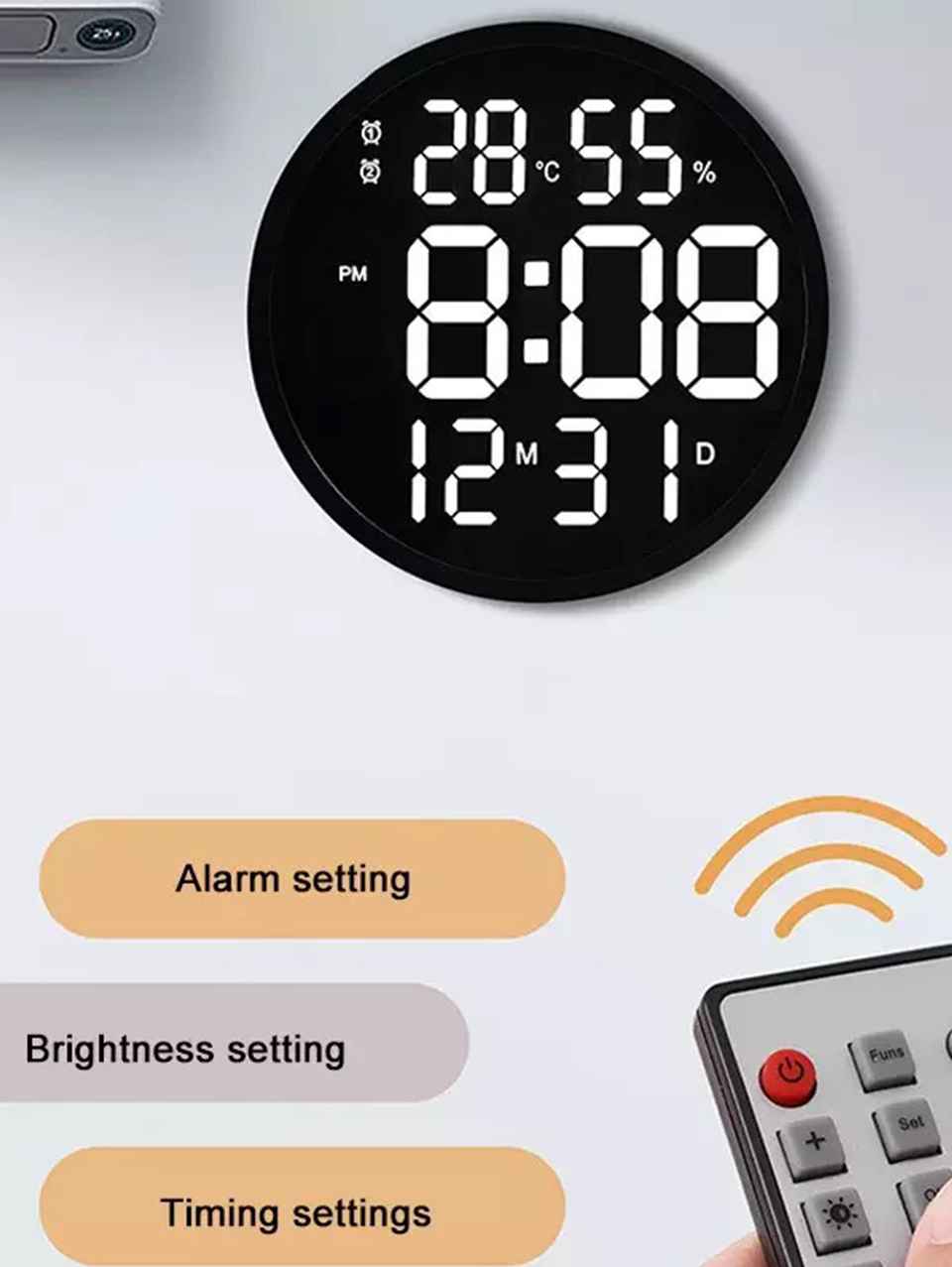 Modern Digital Wall Clock with Temperature & Humidity Display – Large LED Display, Remote Control, Alarm, and Brightness Adjustment