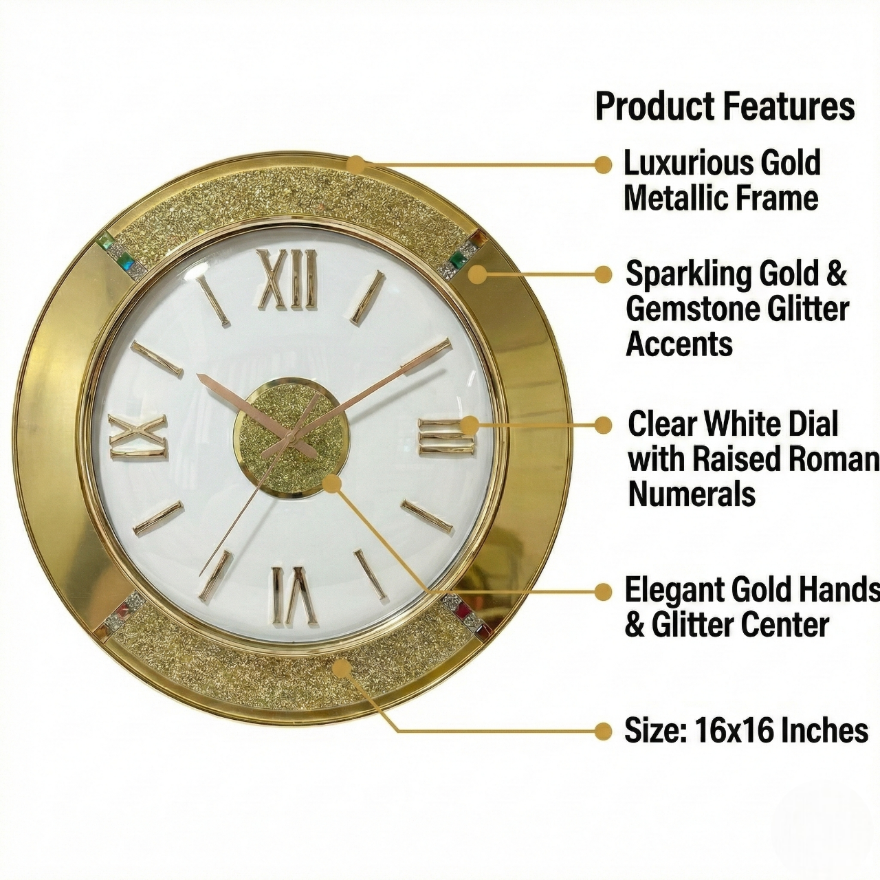 Decorative clock with gold gears and metallic frame on a green fabric background