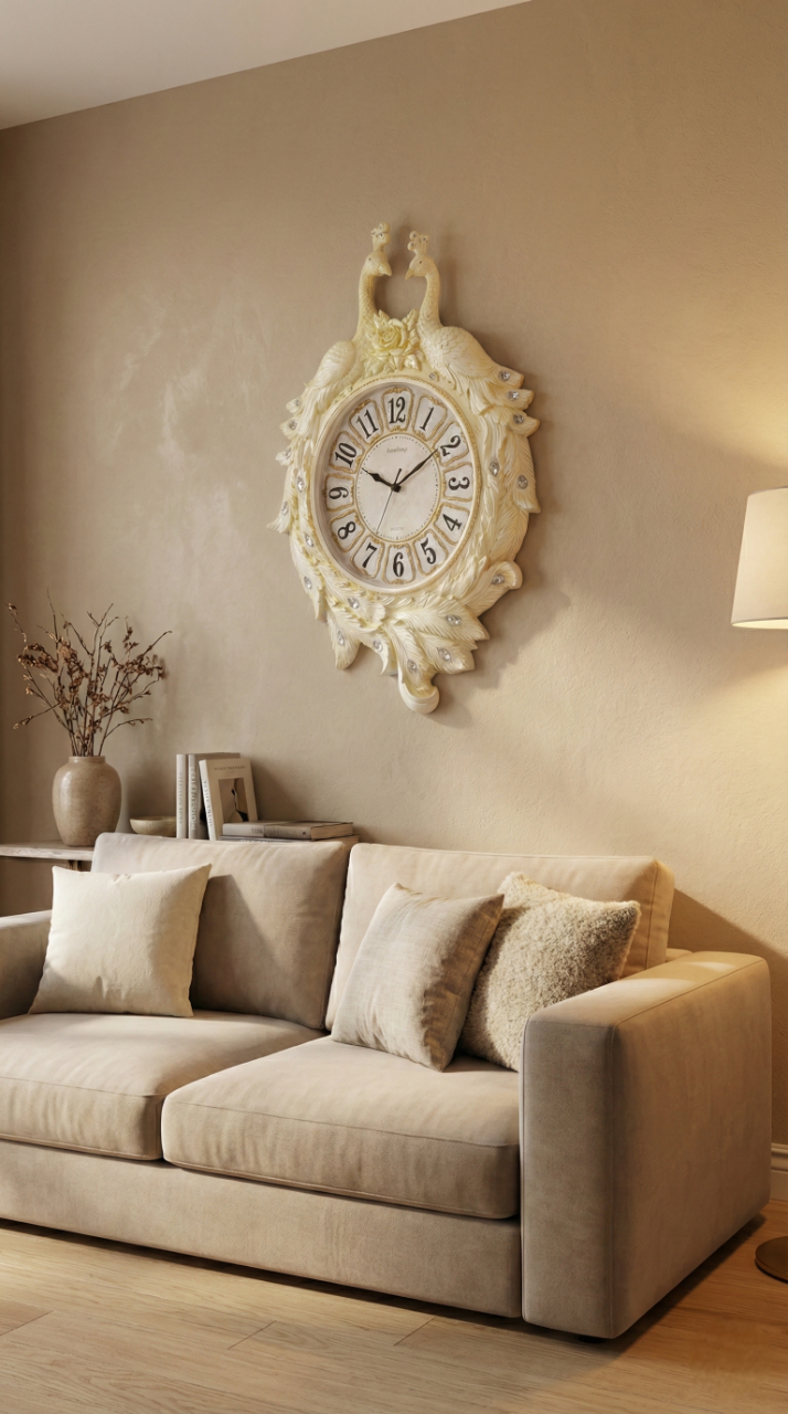 Decorative wall clock on a beige wall above a sofa in a living room.