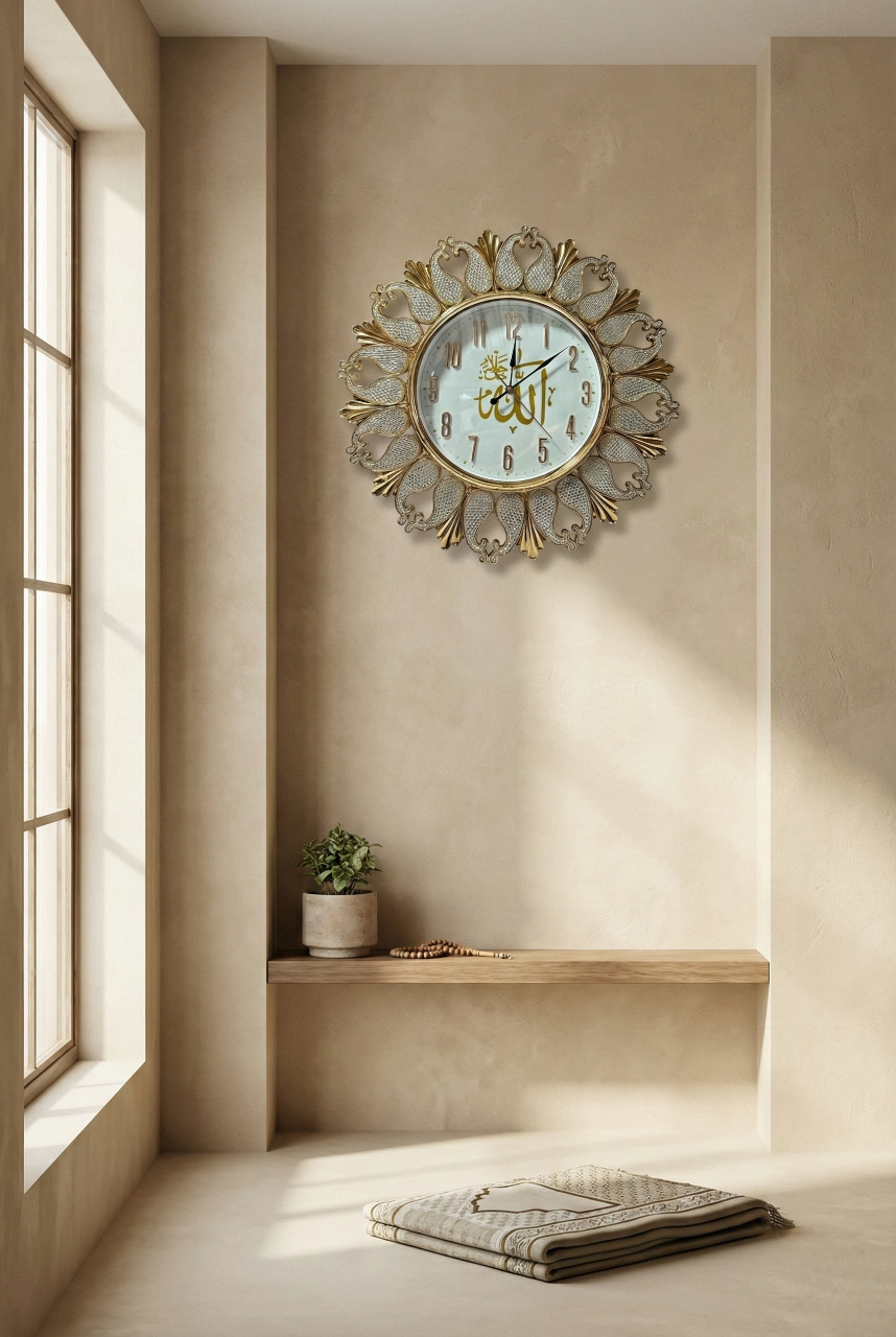 Decorative wall clock with Arabic calligraphy on a beige wall, sunlight streaming in from a window.