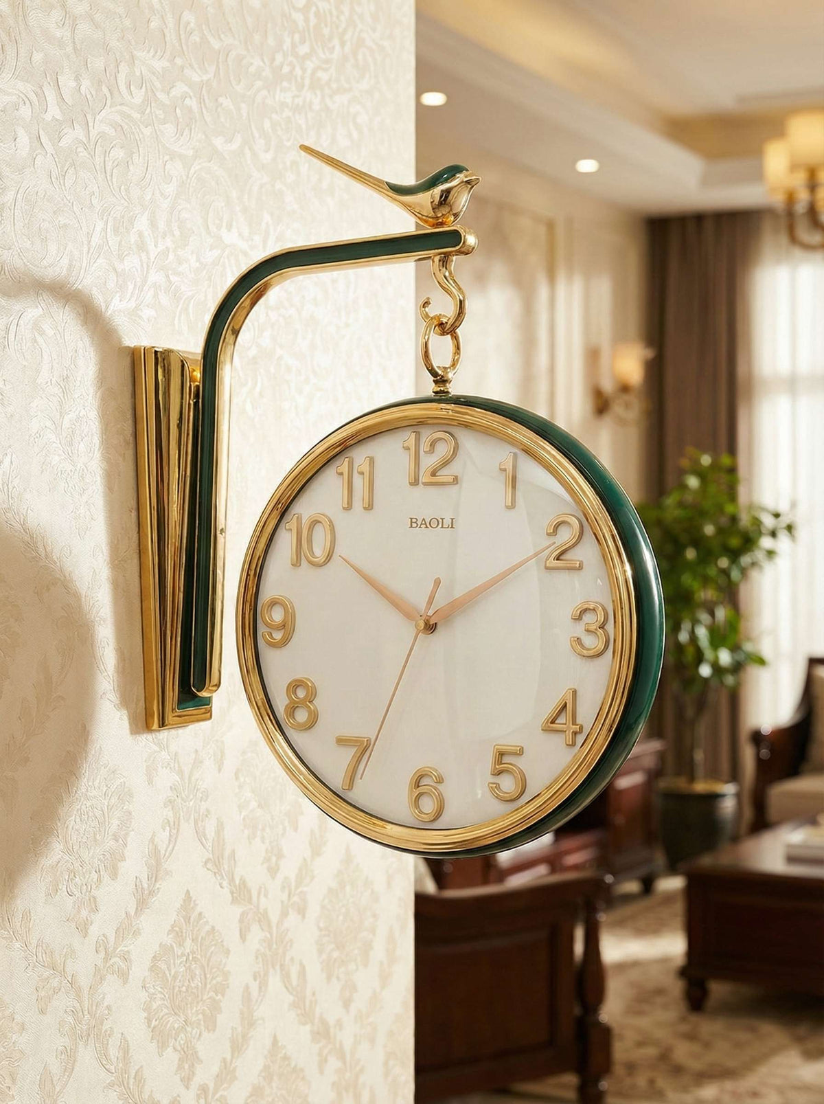 Decorative wall clock with bird design in a living room setting