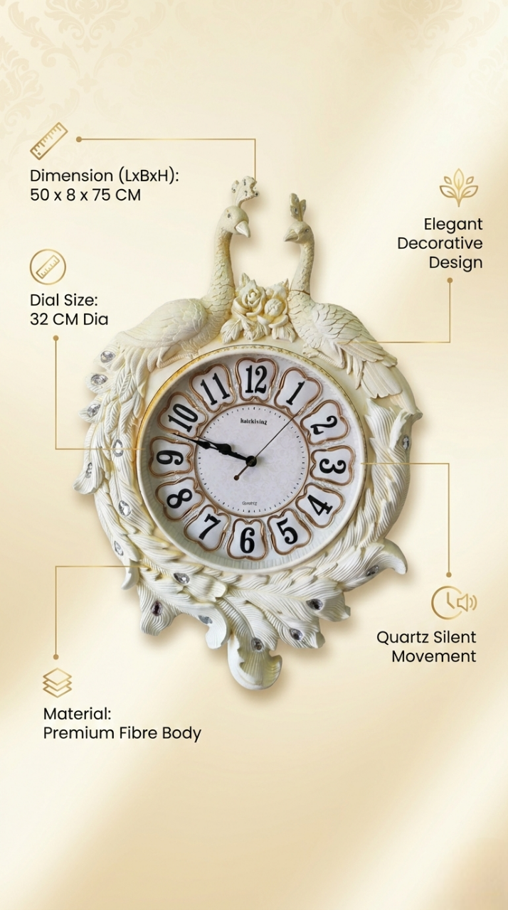 Decorative wall clock with detailed specifications on a beige background