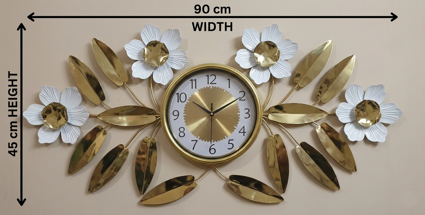 Decorative wall clock with floral designs and measurements on a beige background. Luxury gold and white floral metal wall clock 90x45cm front view