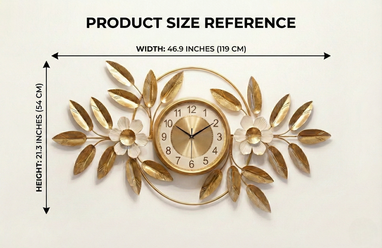 Decorative wall clock with floral designs and size reference on a beige background