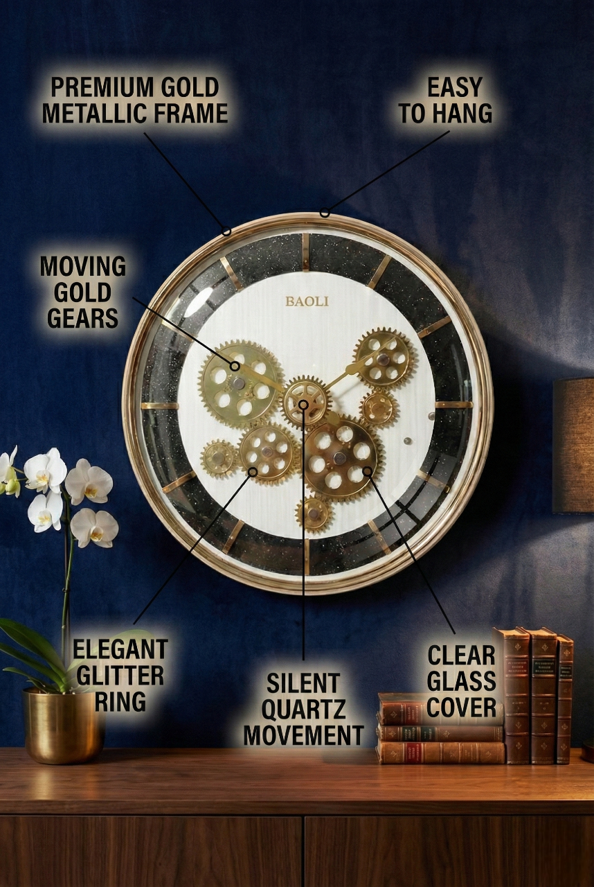 Decorative wall clock with gold gears and metallic frame on a wooden surface.