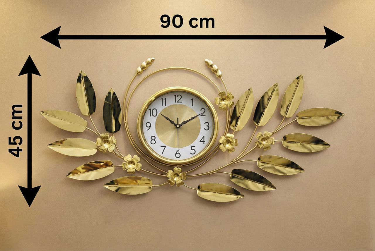Decorative wall clock with leaf design and measurements on a beige wall.