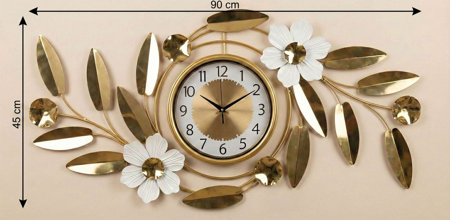 Dimension diagram showing 90cm width and 45cm height of the floral metal wall clock.