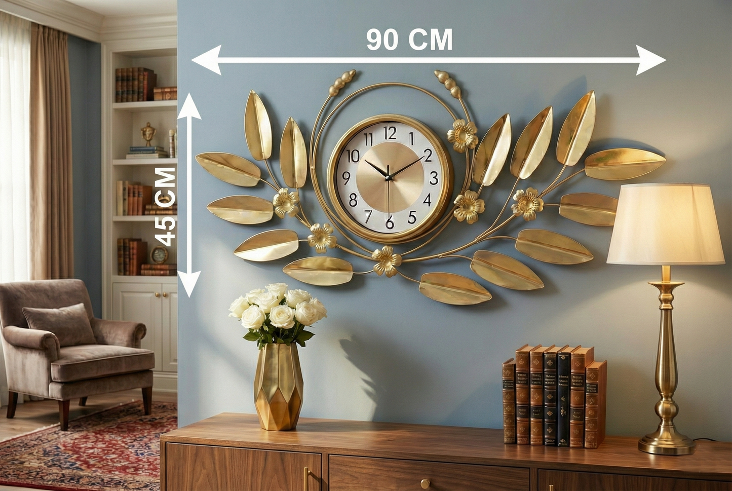 Dimension diagram showing size 90cm width by 45cm height of wall clock.
