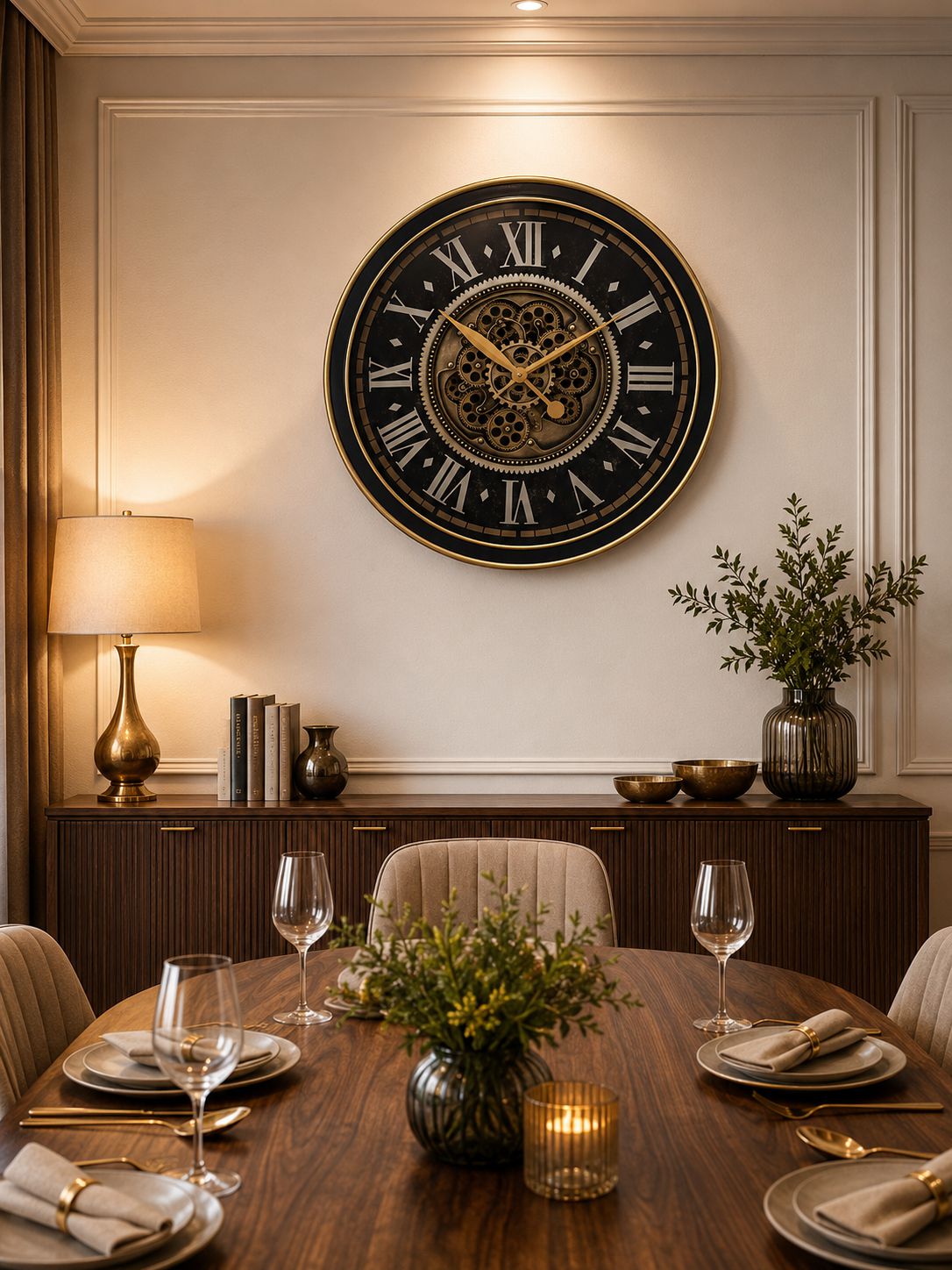 Dining room with a large wall clock, table setting, and decorative elements.