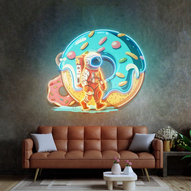 Donut Astronaut Neon Sign - Astronaut Wall Art | Custom Business Logo LED Light | Coffee Shop Decor | FunkyDecors