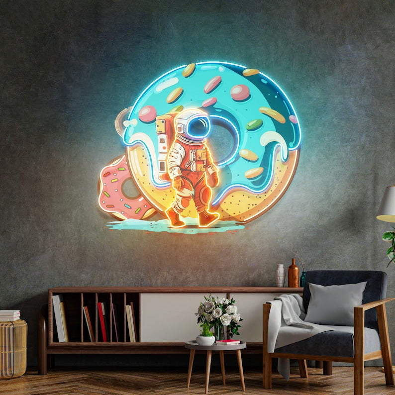 Donut Astronaut Neon Sign - Astronaut Wall Art | Custom Business Logo LED Light | Coffee Shop Decor | FunkyDecors