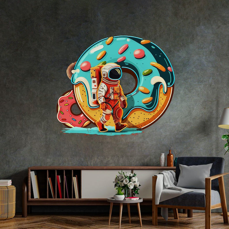 Donut Astronaut Neon Sign - Astronaut Wall Art | Custom Business Logo LED Light | Coffee Shop Decor | FunkyDecors