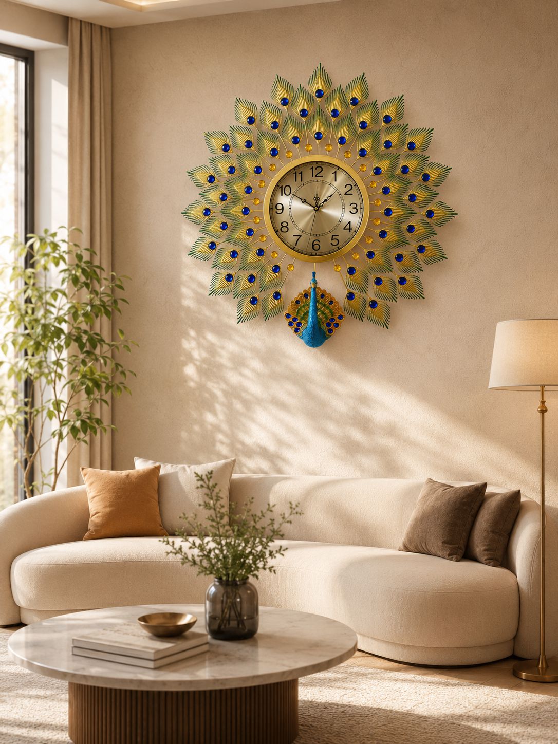 Elegant peacock decorative wall clock mounted above living room sofa
