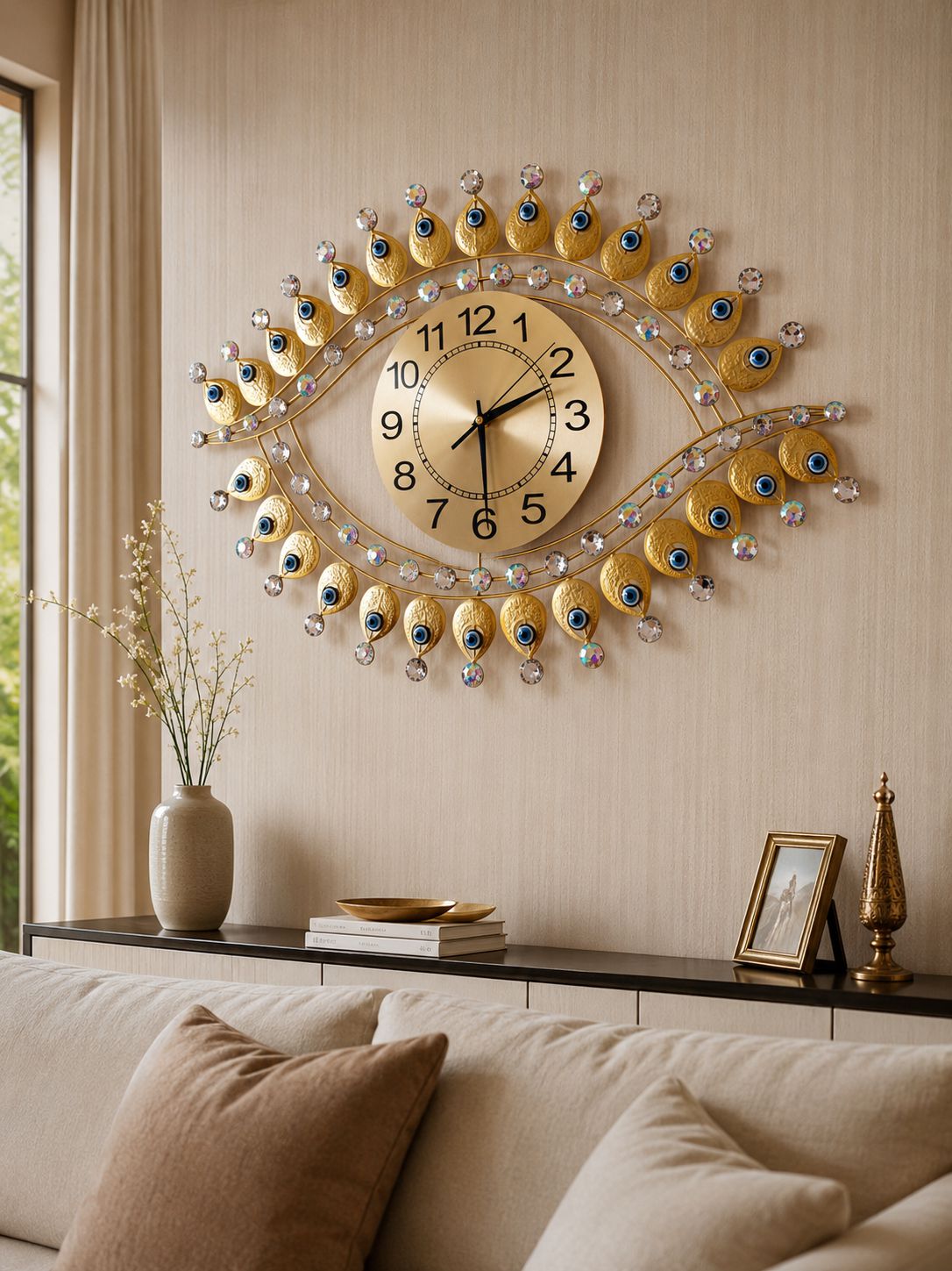 Evil Eye inspired gold metal wall clock with blue Nazar detailing and crystal accents 25 x 20 inch