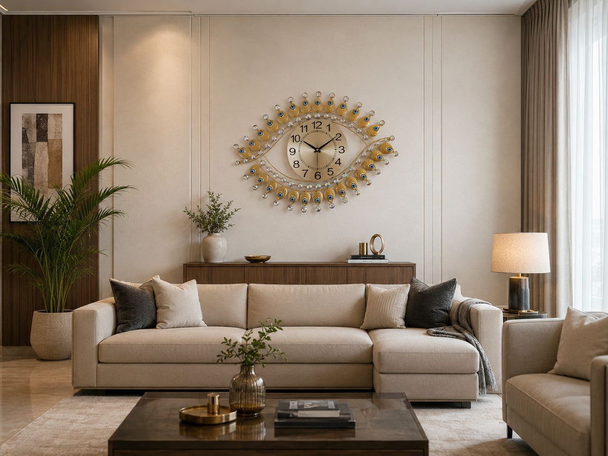 Gold Nazar inspired metal wall clock used as statement wall decor in modern living room
