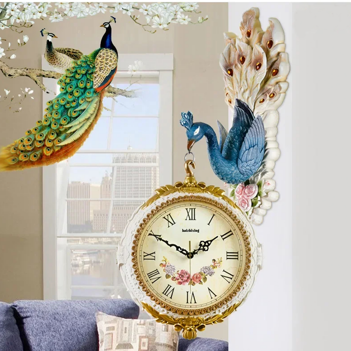 Luxury Peacock Wall Clock for Living Room | 3D Decorative Wall Hanging Double-Sided Clock with 360° Rotation
