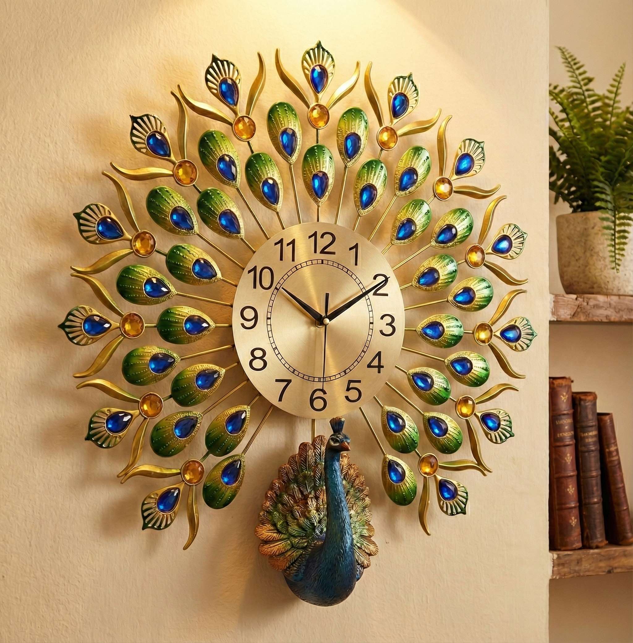 FunkyDecors Royal Peacock Metal Wall Clock with Crystal Accents (55cm x 55cm) – Luxury 3D Wall Decor