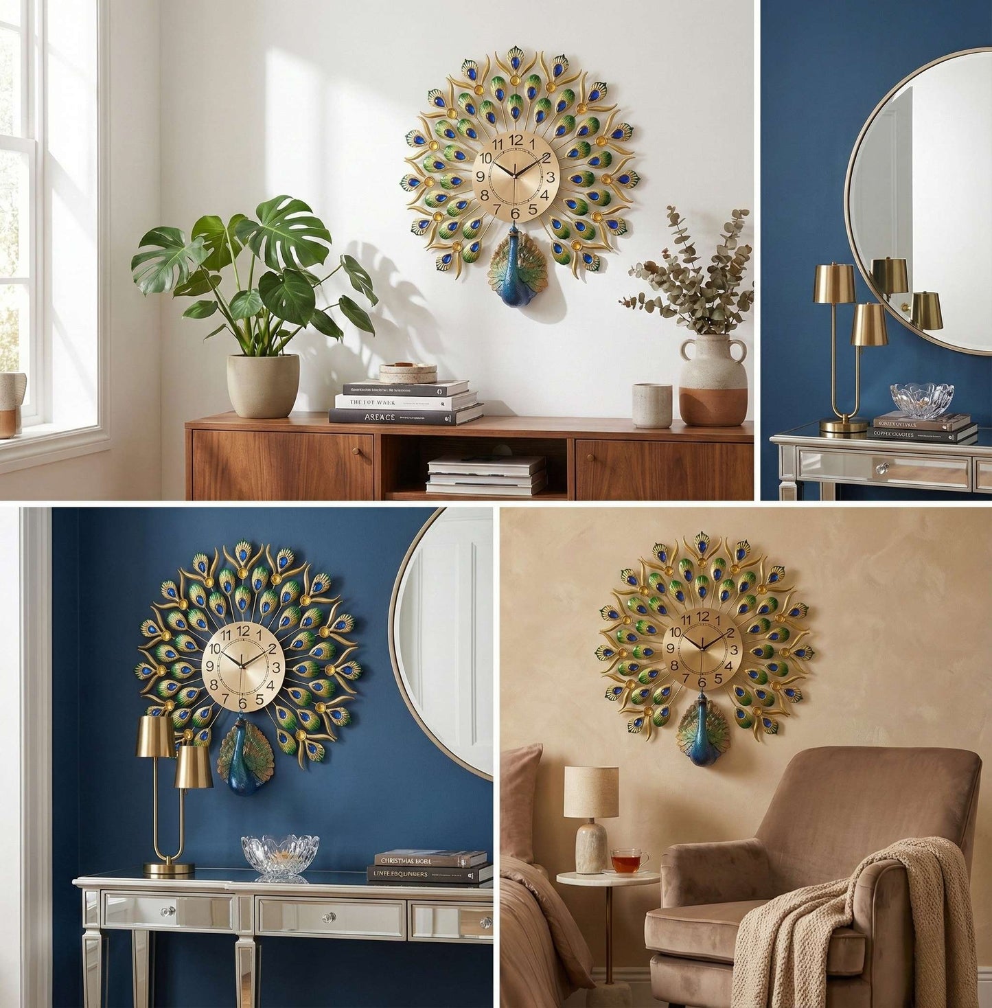 FunkyDecors Royal Peacock Metal Wall Clock with Crystal Accents (55cm x 55cm) – Luxury 3D Wall Decor