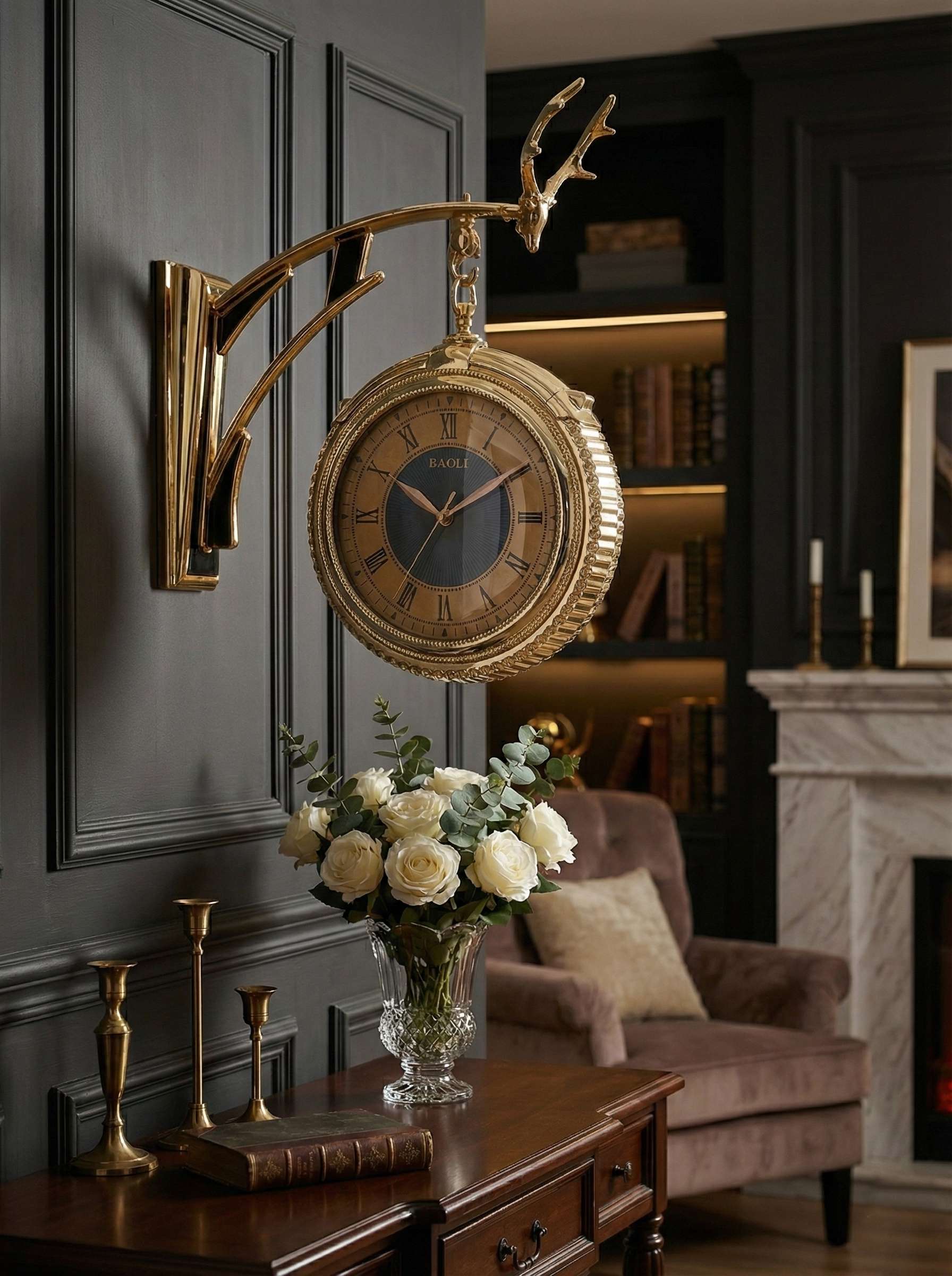FunkyDecors gold dual-faced wall clock with Roman numerals