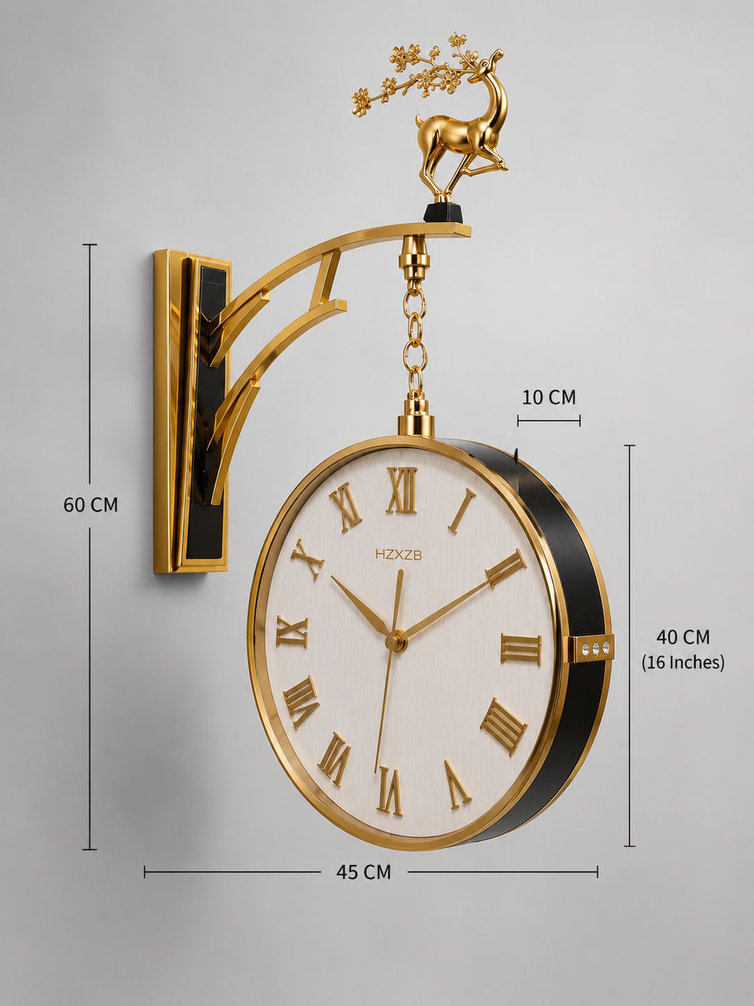 Gold and black wall clock with a deer finial, Roman numerals, and dimension callouts showing 45 cm width, 40 cm height, and 60 cm wall mounting on a light gray background.