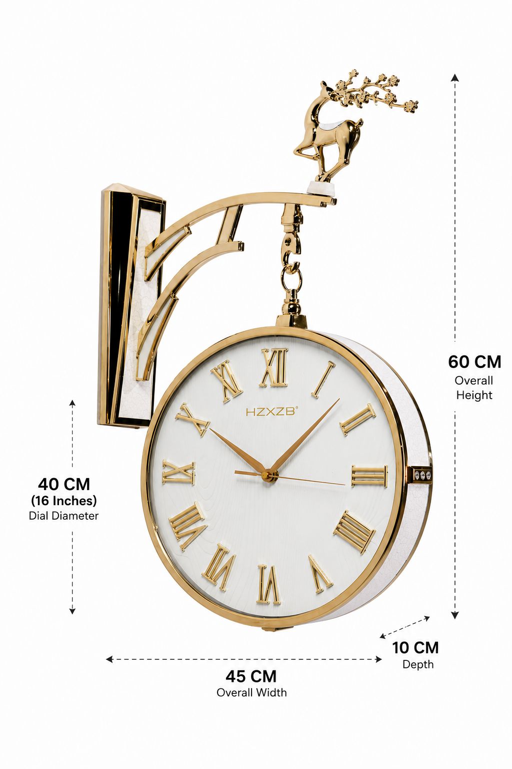 Gold wall-mounted decorative clock with a white face, Roman numerals, and a deer finial on a bracket, shown with dimension callouts for overall height, dial diameter, overall width, and depth.