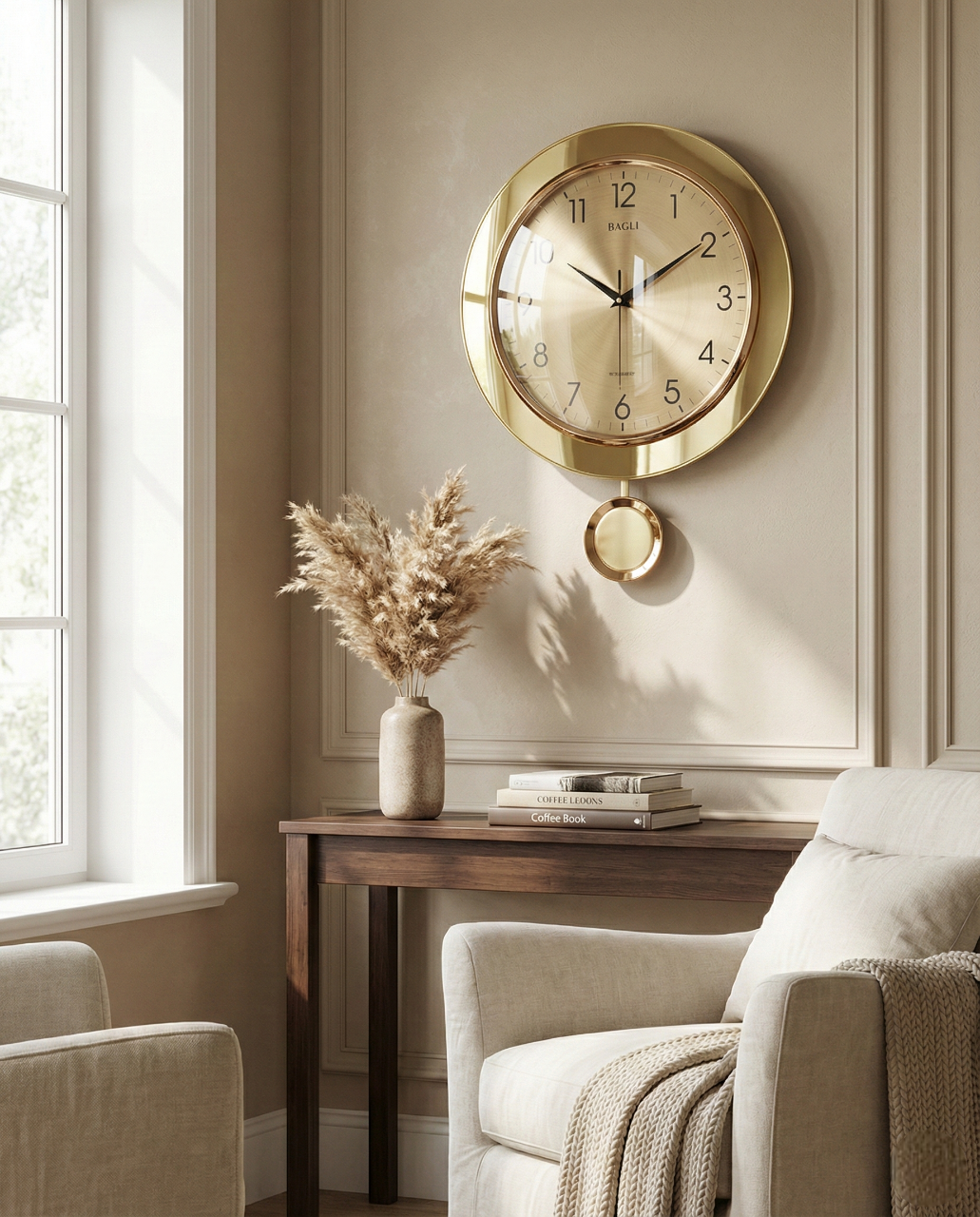 Gold wall clock on a wall in a living room with a sofa and decorative items.