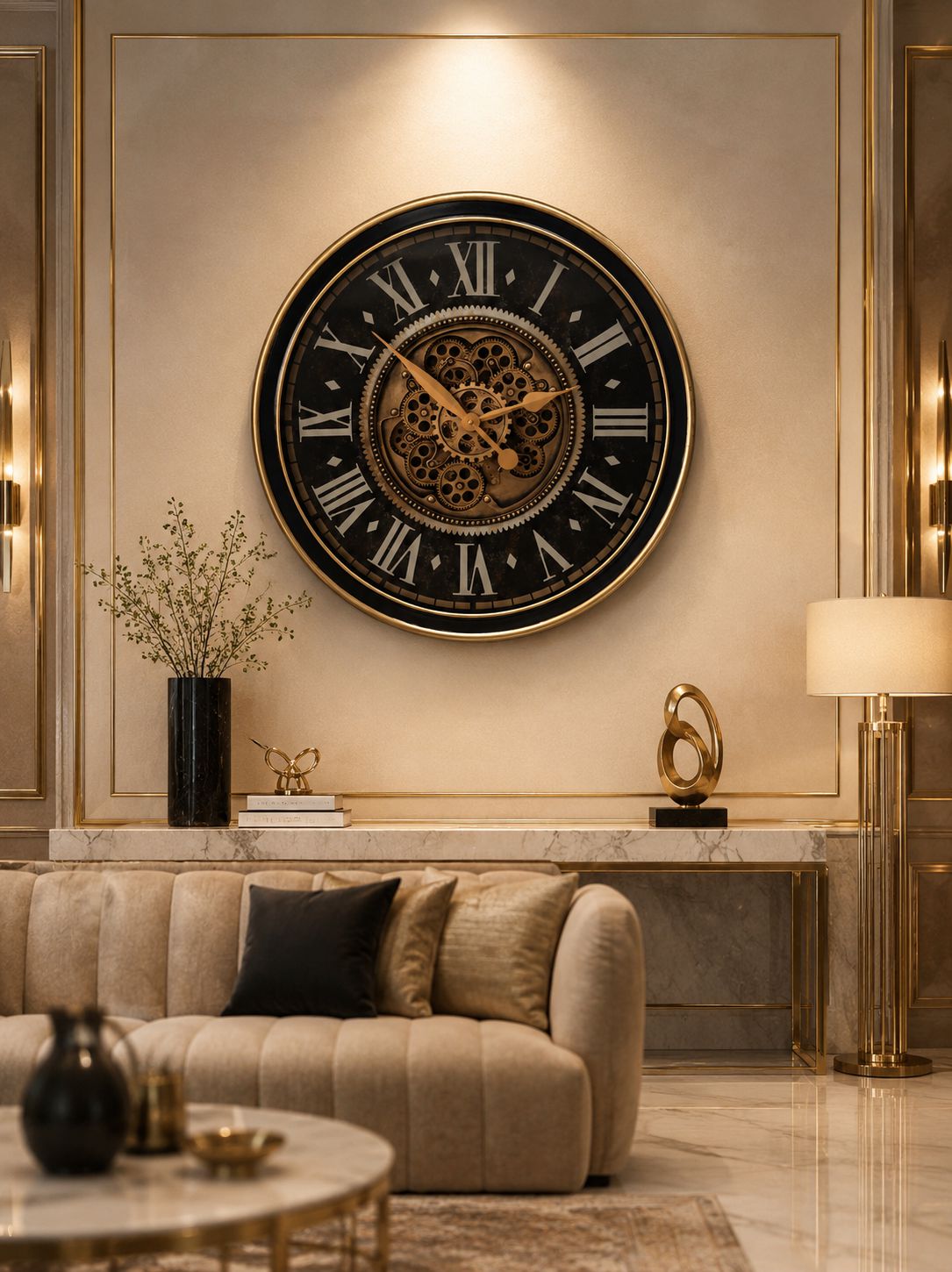 Large Antique Black Gold Moving Gear Wall Clock in Luxury Living Room