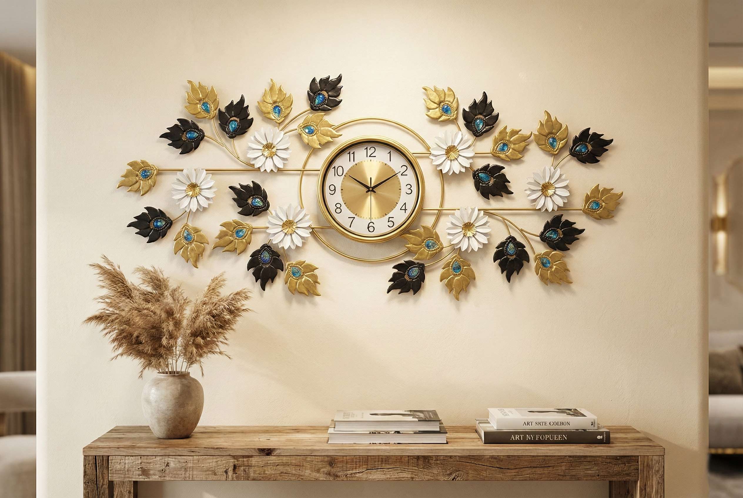Large gold and black metal floral wall clock with blue jewel accents on living room wall