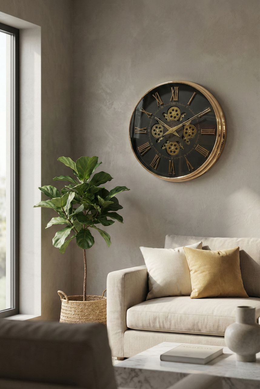 Living room with a large wall clock, sofa, and plant