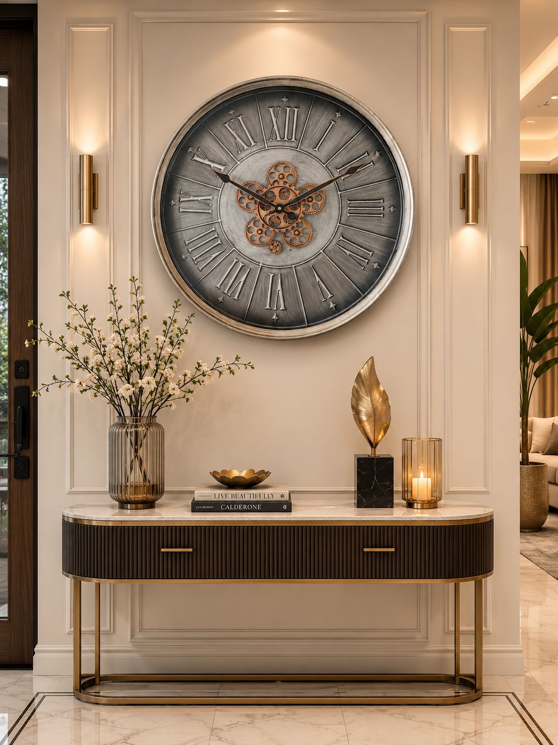 Luxury Silver Moving Gear Metal Wall Clock with Roman Numeral Dial