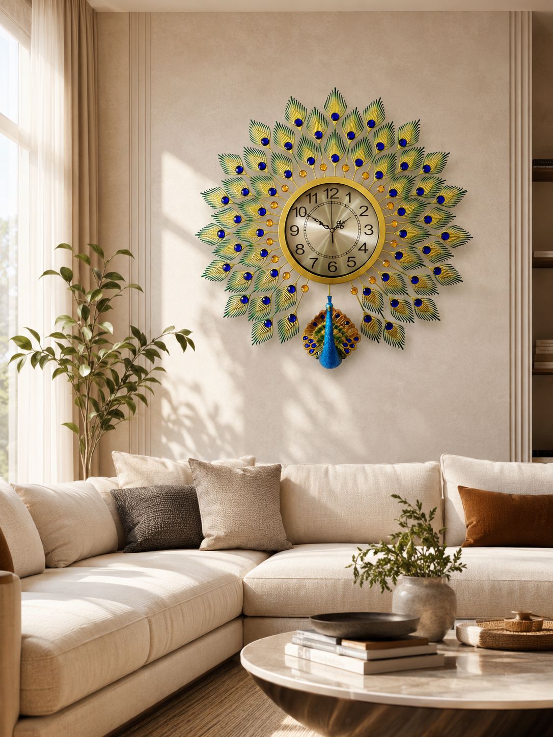 Luxury peacock wall clock displayed in modern dining room interior décor