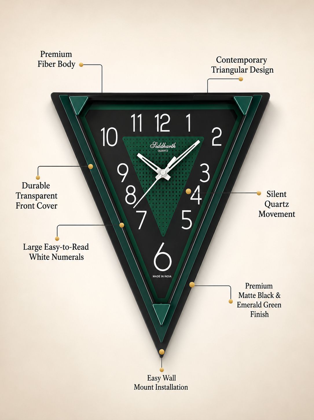 Modern Triangular Pendulum Wall Clock with Oscillating Center | Premium Fibre Body | Silent Quartz Movement | Designer Decorative Wall Clock for Living Room, Office & Bedroom 40 CM Tall