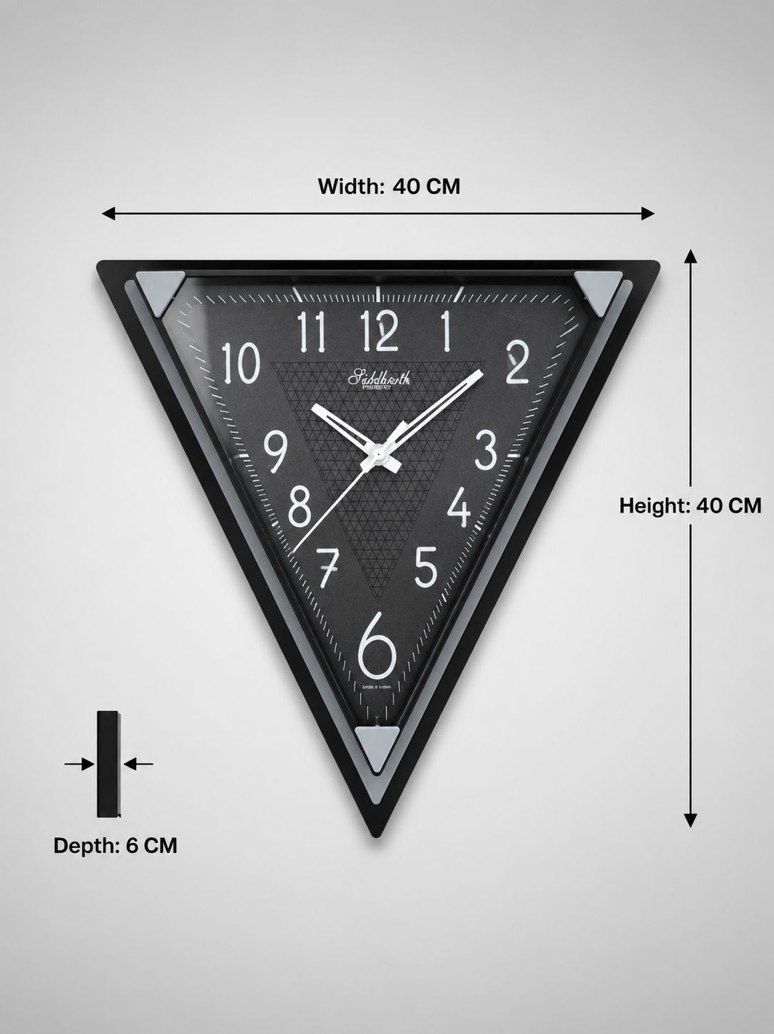 Triangle wall clock with black frame and textured black dial, shown with dimension labels indicating width 40 cm, height 40 cm, and depth 6 cm on a light gray background.